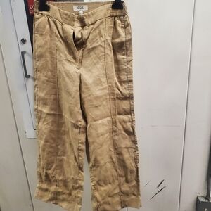 Cos Neutral Beige Linen Blend Pleat Front Straight Wide Leg Trousers Size 2